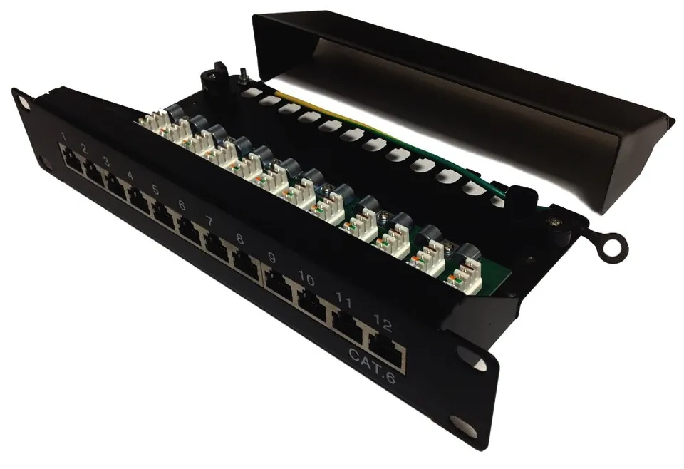 XtendLan Patch panel 10", 12 portů, 1U, Cat6, stíněný, LSA, s krytem, vodorovné umístění konektorů, zemnič, černý