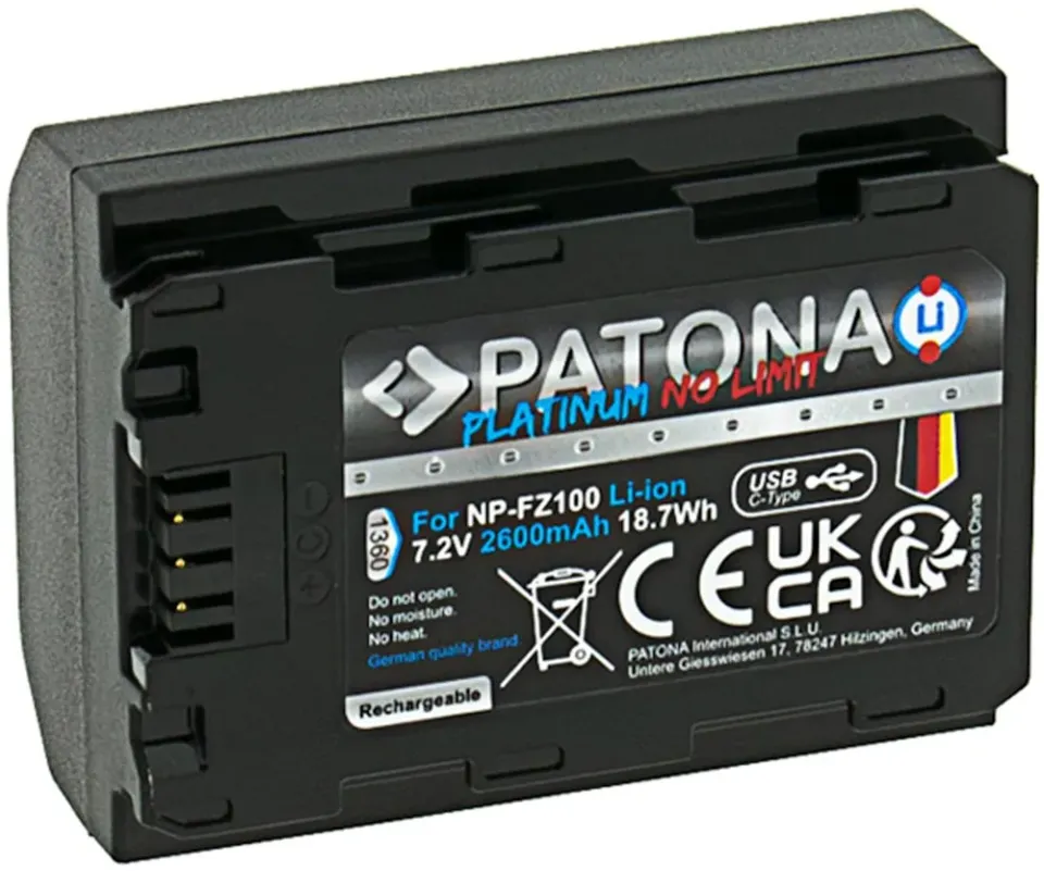 PATONA baterie pro foto Sony NP-FZ100 2600mAh Li-Ion Platinum USB-C nabíjení