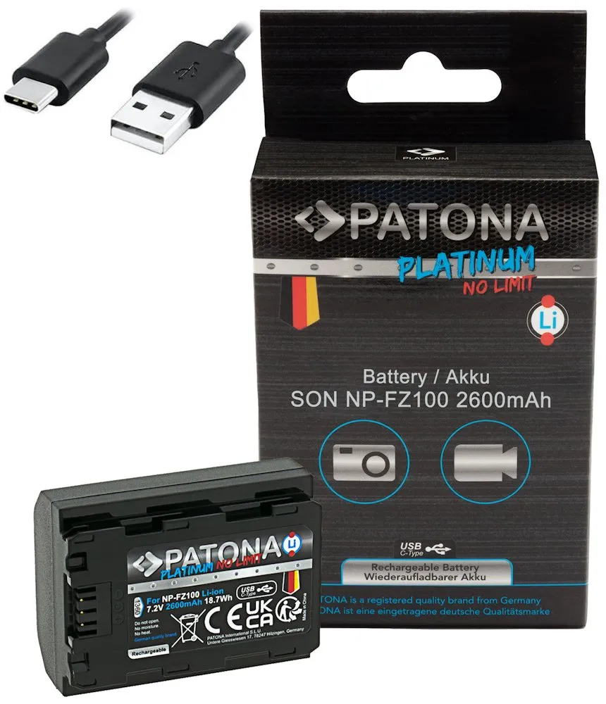 PATONA baterie pro foto Sony NP-FZ100 2600mAh Li-Ion Platinum USB-C nabíjení