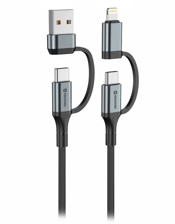 Swissten textilní datový kabel 4in1, 3A, 1,5m černý