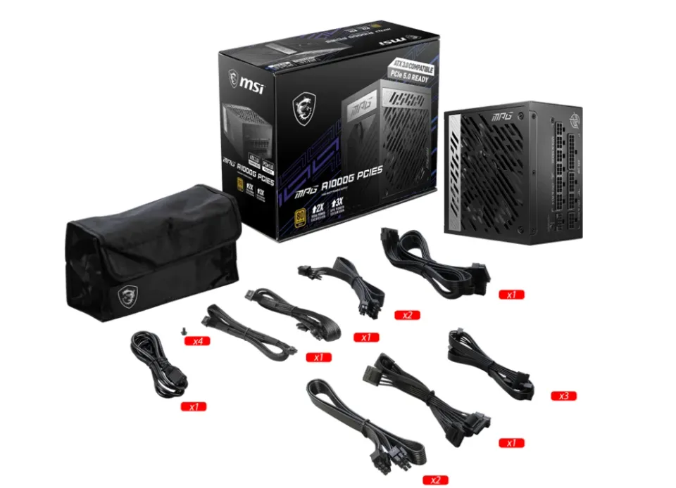 MSI zdroj MPG A1000G PCIE5/ 1000W/ ATX3.1/ akt. PFC/ 10 let záruka/ 135mm ventilátor/ plně modulární/ 80PLUS Gold