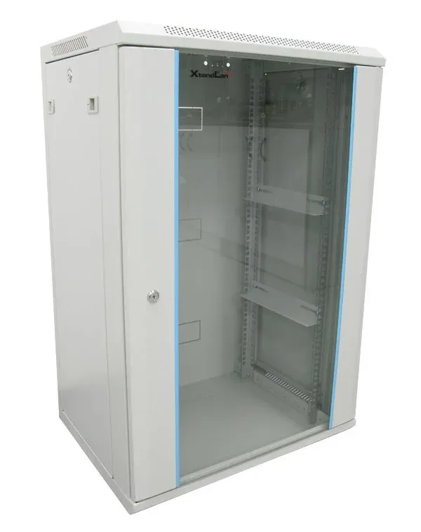 XtendLan 19" nástěnný rozvaděč 18U 600x600, nosnost 60 kg, skleněné kouřové dveře, rozložený, šedý