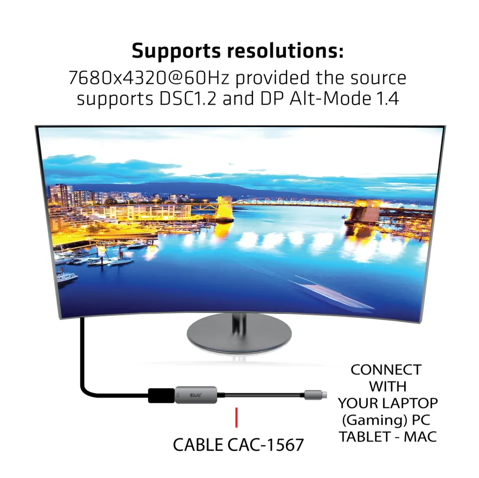 Club3D Adaptér aktivní USB-C na DisplayPort 1.4, 8K60Hz DSC1.2 HDR HBR3