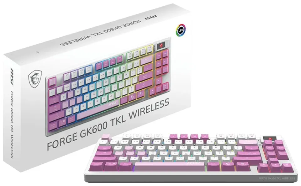 MSI herní klávesnice FORGE GK600 TKL Violet/ bezdrátová 2,4GHz+BT/ mechanická/ RGB/ USB-C/ display/ CZ+SK layout