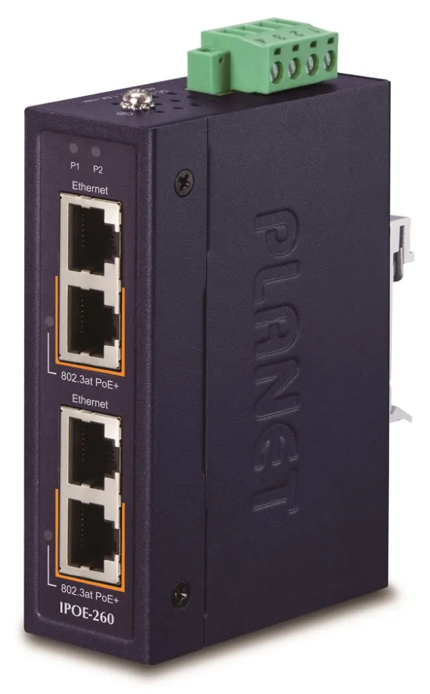 Planet IPOE-260 PoE průmyslový injektor, 2x port, 4x1Gb, 2x 802.3at 36/72W, DIN, IP30, -40~75°C, dual power 48-56VDC