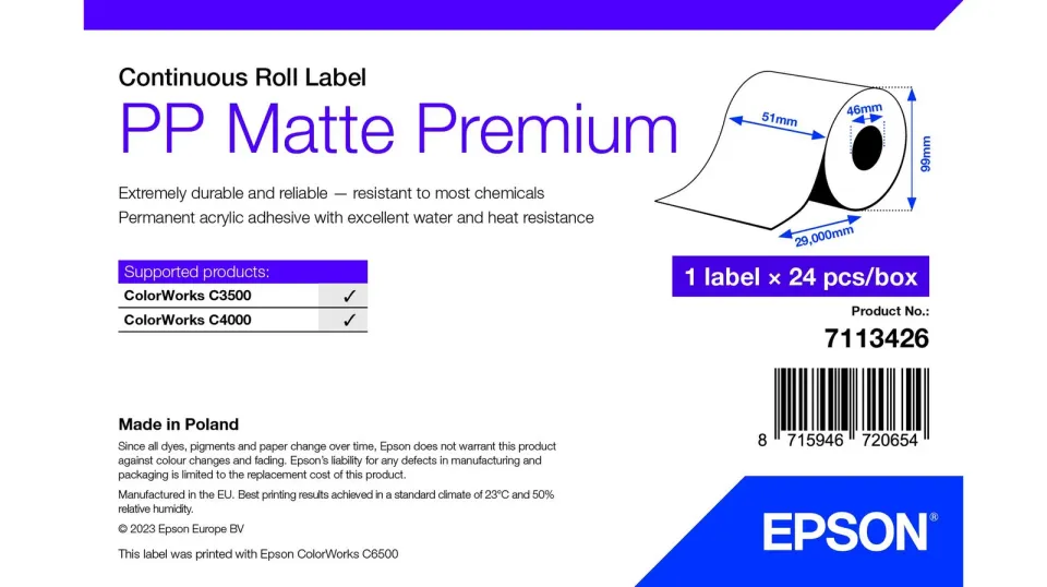 PP Matte Label Premium, Cont. Roll, 51mm x 29mm