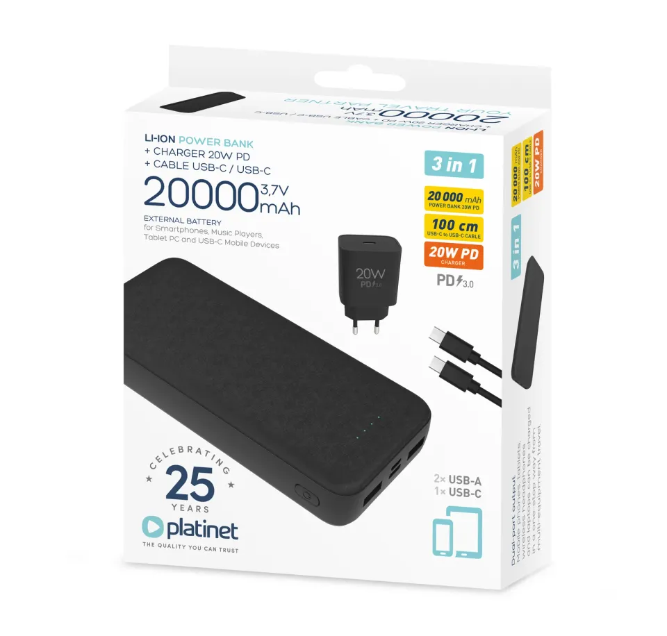 Platinet SET 3v1 Powerbanka 20000 mAh + Nabíječka 20W Power Delivery, kabel USB-C 1m, černá