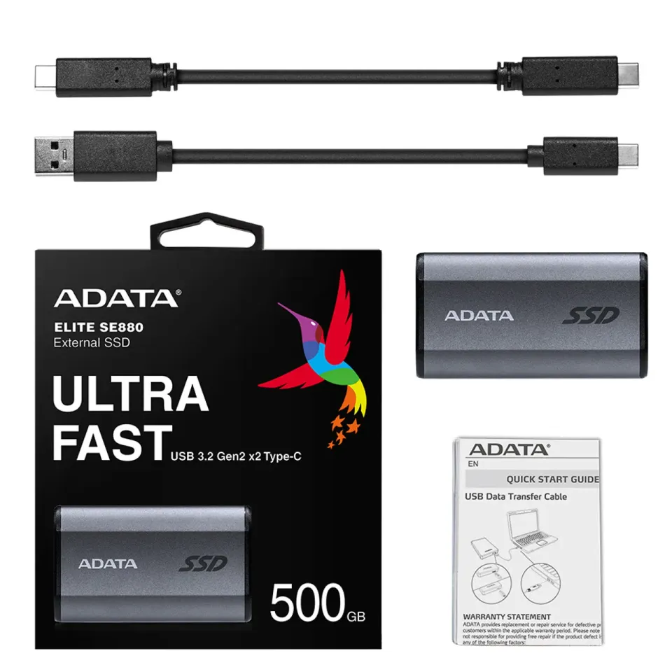 ADATA Externí SSD 500GB SE880, USB-C 3.2 Gen 2x2, R:2000/W:2000MB/s, šedá