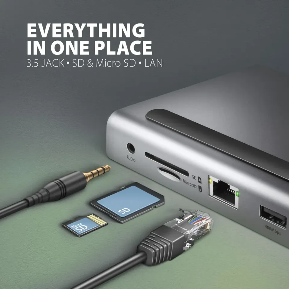 AXAGON HMC-4KX3, USB 3.2 Gen 1 hub, porty 3x USB-A, DP, HDMI 4k/60Hz, RJ-45, čte