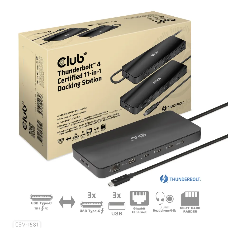 Club3D Dokovací stanice USB-C 11v1, 2xDP, 3xUSB-C, 3xUSB, 1xRJ45, čtečka SD karet, černá