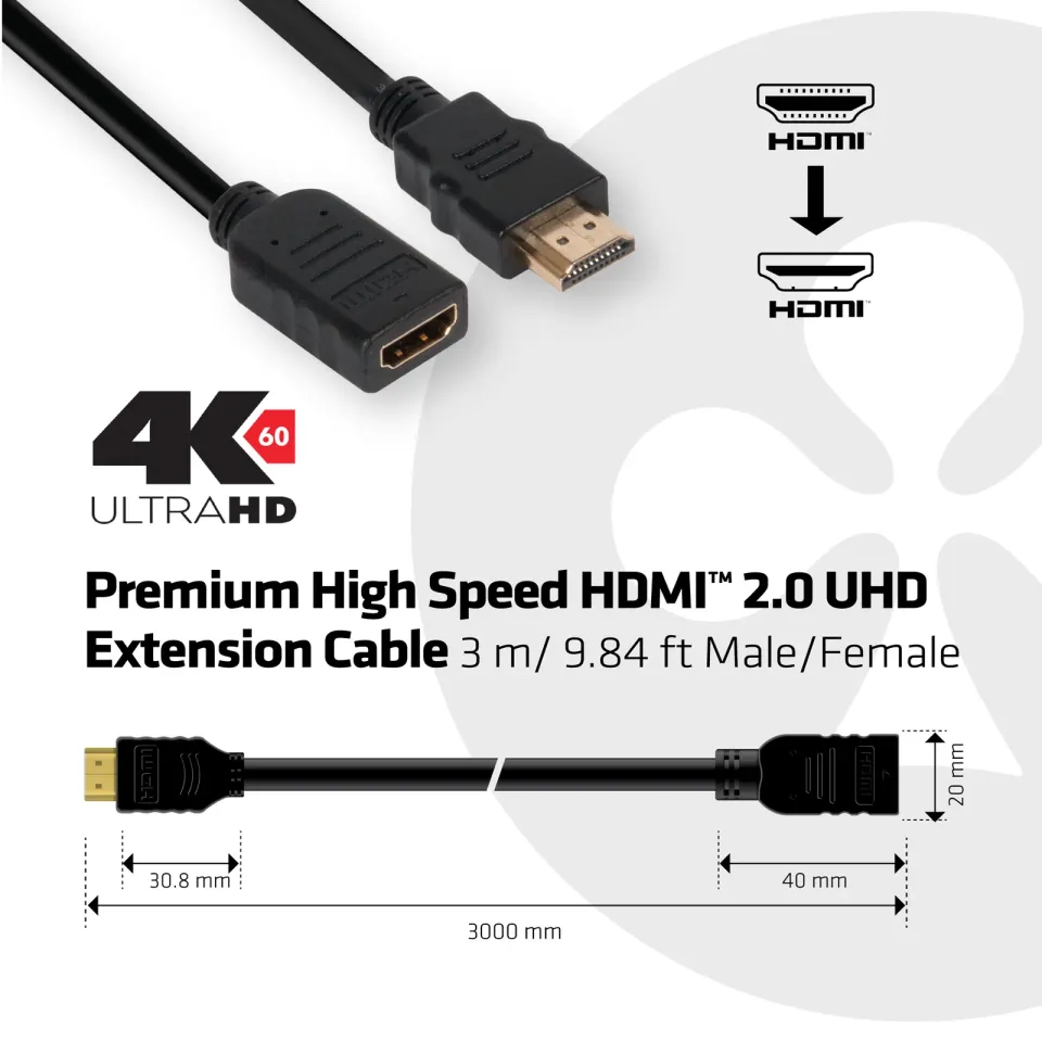 Club3D Kabel prodlužovací HDMI 2.0, 4K60Hz UHD (M/F), 3m