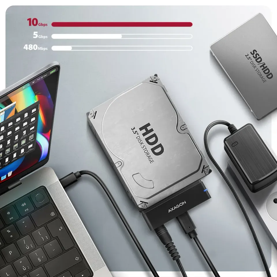 AXAGON ADSA-FPX, USB-C 10Gbps - SATA 6G, 2.5"/3.5" SSD/HDD FAST PORT X adaptér,