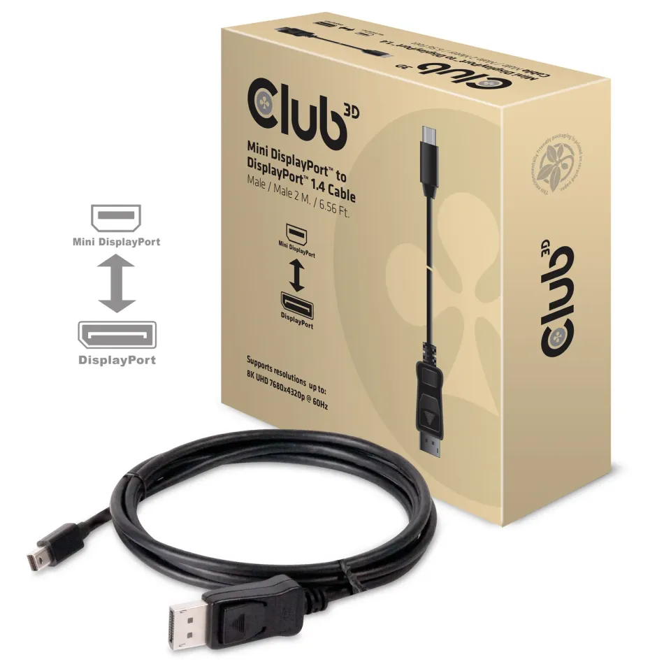 Club3D Adaptér mini DisplayPort 1.4 na DisplayPort 1.4, HBR3 8K60Hz/4K120Hz (M/M), 2m