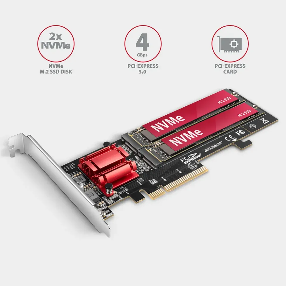 AXAGON PCEM2-ND, PCI-Express x8 řadič pro připojení až dvou NVMe M.2 SSD disků k