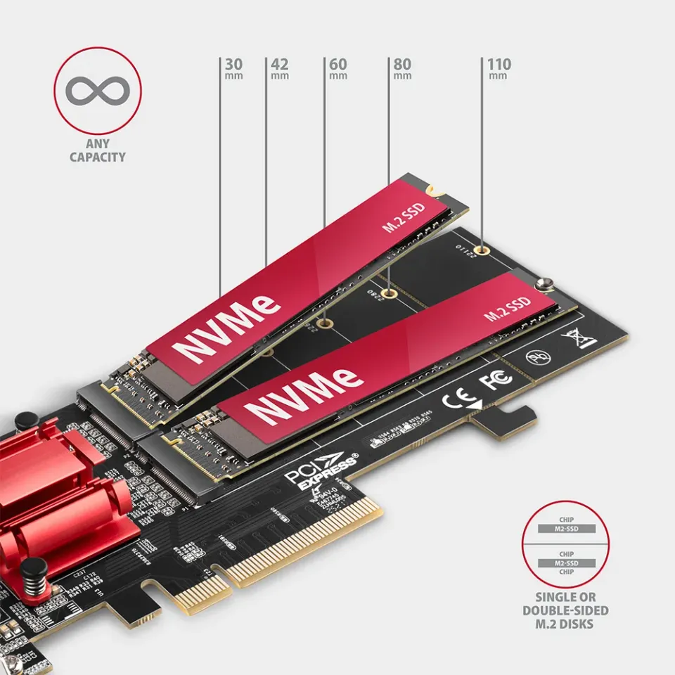 AXAGON PCEM2-ND, PCI-Express x8 řadič pro připojení až dvou NVMe M.2 SSD disků k