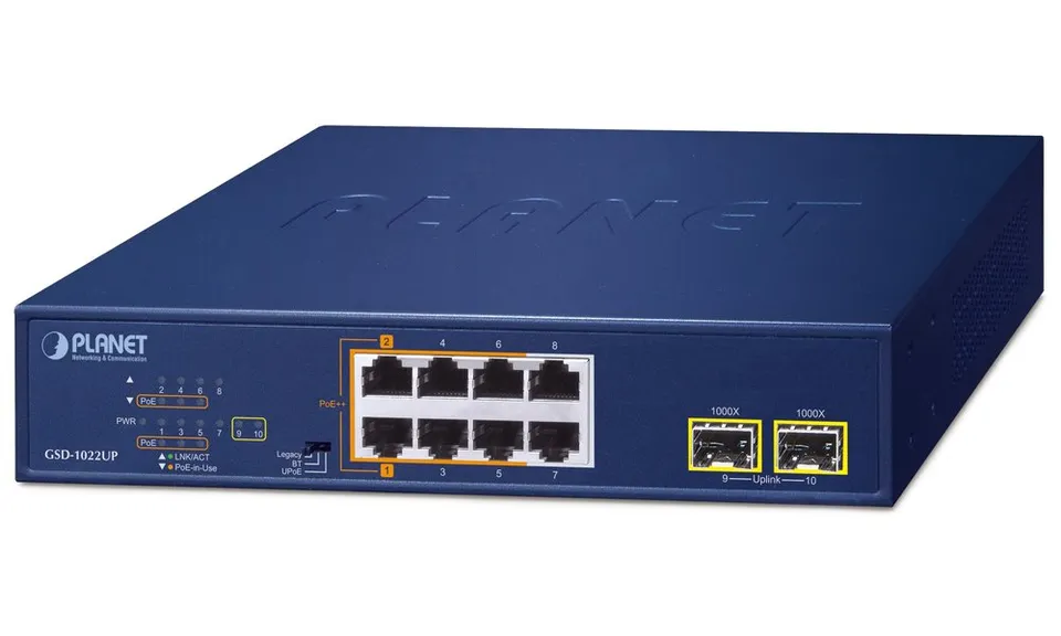Planet PoE switch 8x1Gb + 2xSFP 1Gb, PoE 180W, 2x 802.3bt + 4x 802.3at