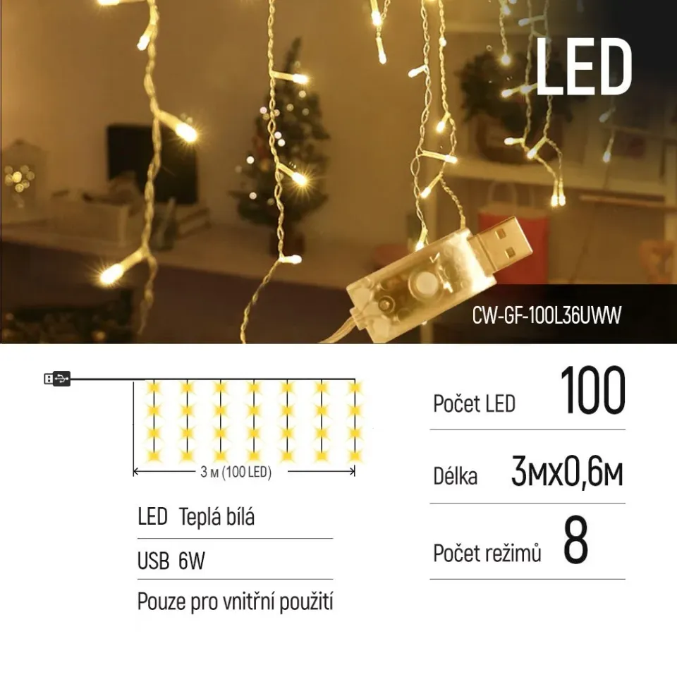 COLORWAY LED girlanda/ IP20 / 100 LED / délka 3m x 0,6m / teplá bílá/ napájení USB