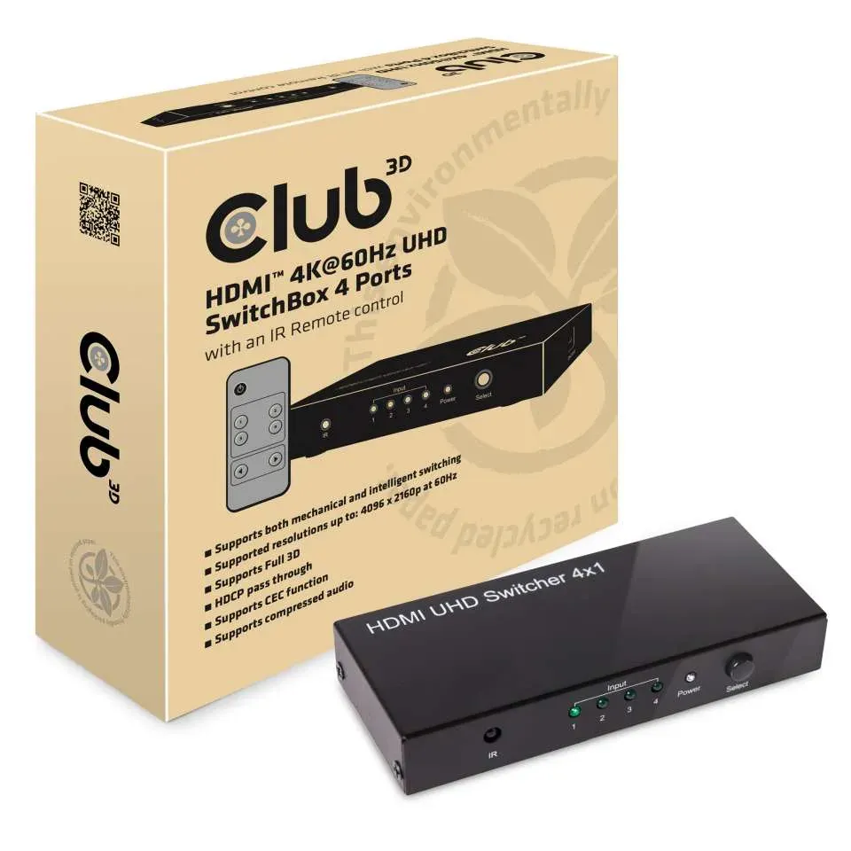 Club3D Video switch 4:1 HDMI 2.0 4K60Hz UHD, 4 porty
