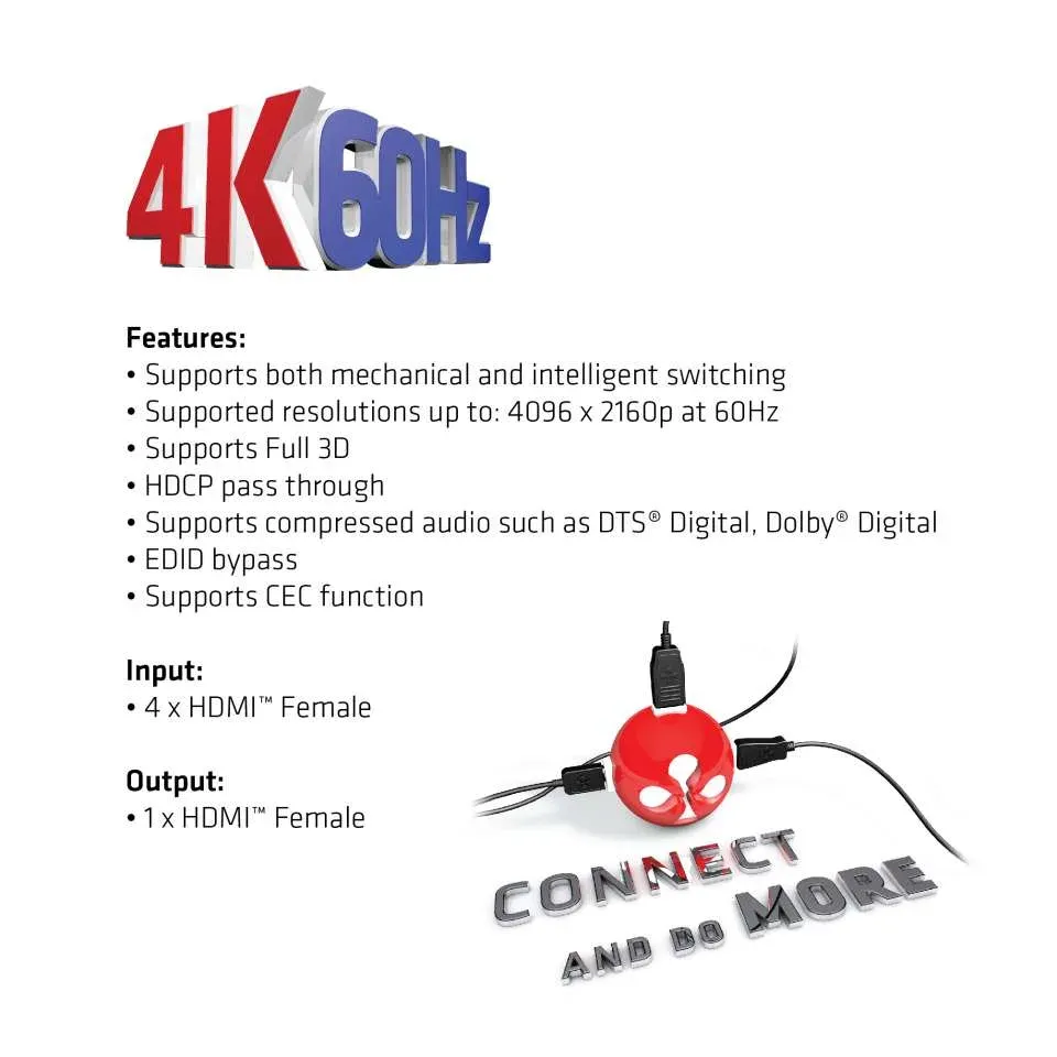 Club3D Video switch 4:1 HDMI 2.0 4K60Hz UHD, 4 porty