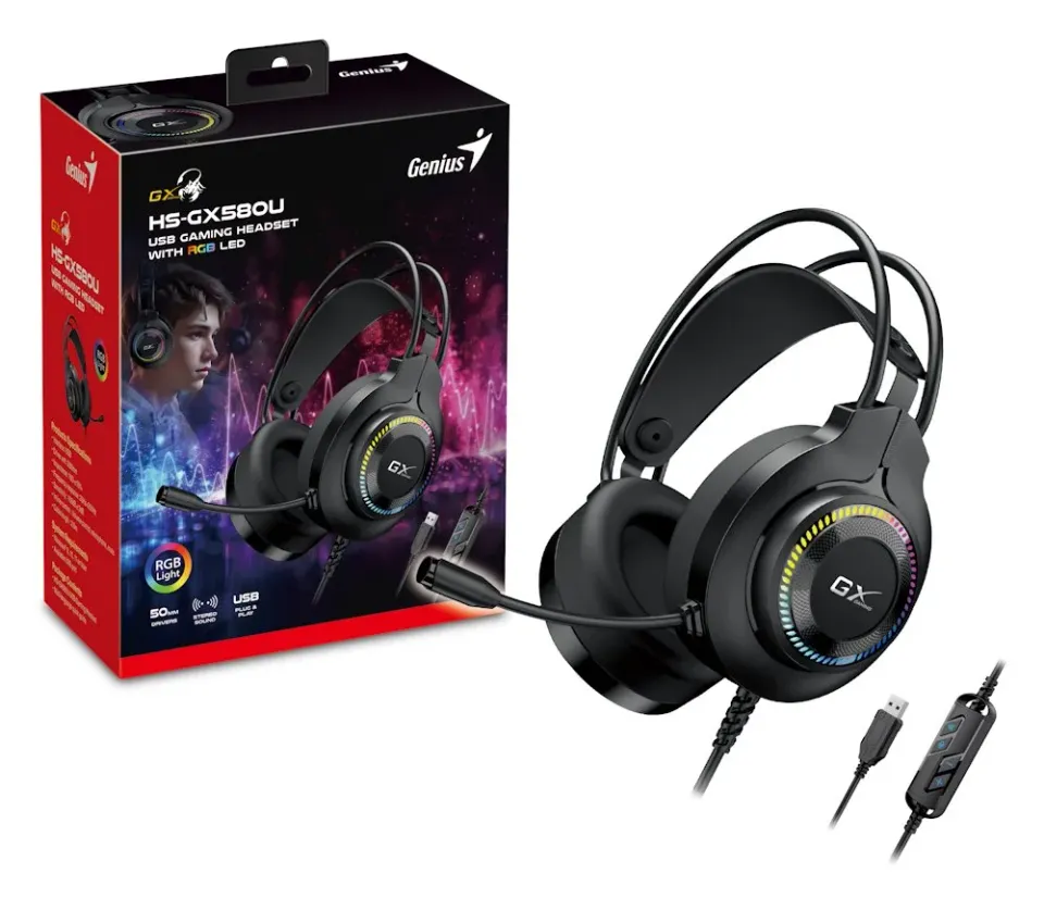 Genius GX GAMING HS-GX580U, Headset, herní, náhlavní, drátový, mikrofon, ovládán