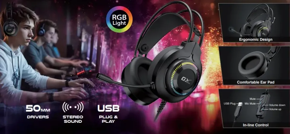 Genius GX GAMING HS-GX580U, Headset, herní, náhlavní, drátový, mikrofon, ovládán