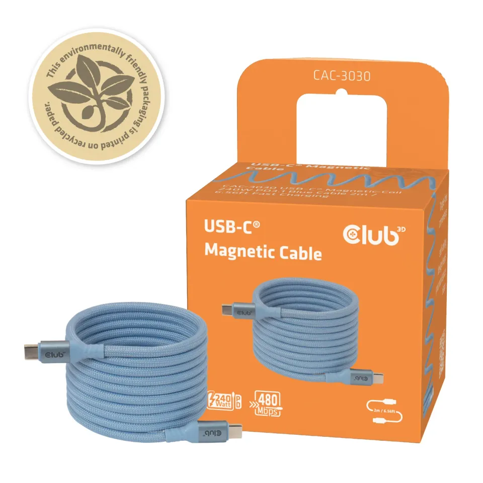 Club3D Kabel magnetický USB-C, 240W PD3.1, 480 Mbps, 2m, modrá