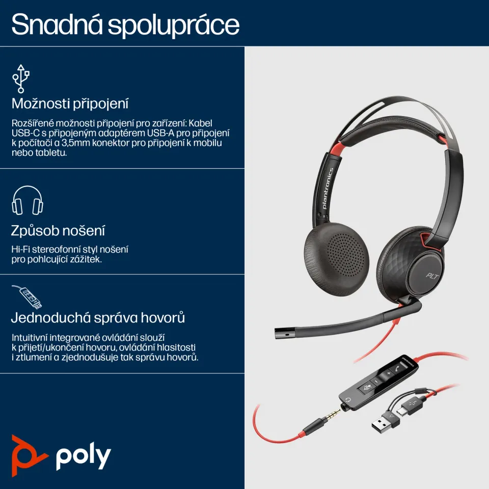 Poly Blackwire 5220 náhlavní souprava, 3.5 mm jack + USB-C/A adaptér, stereo (bulk)