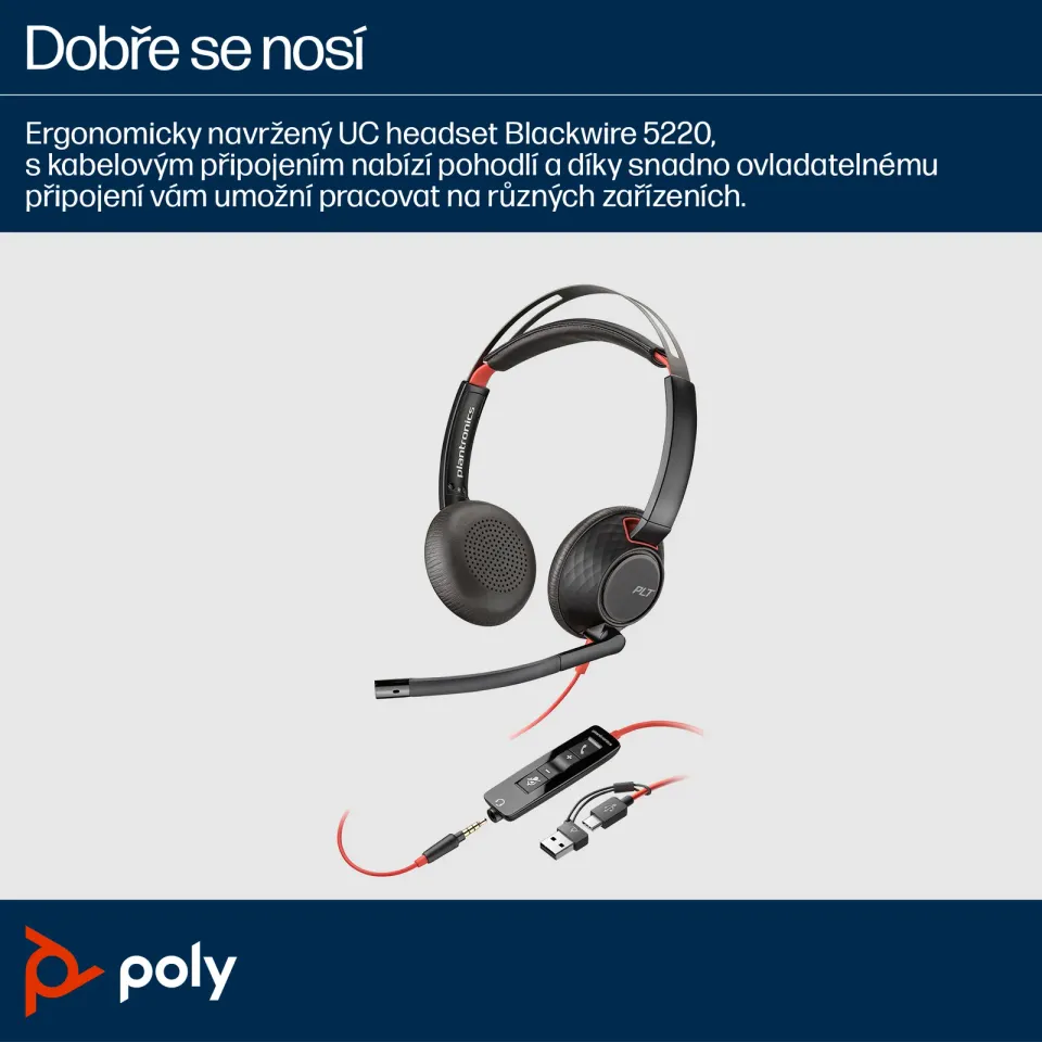 Poly Blackwire 5220 náhlavní souprava, 3.5 mm jack + USB-C/A adaptér, stereo (bulk)