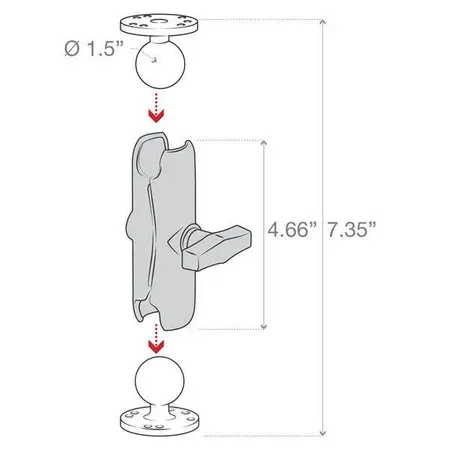 RAM sestava - střední rameno se dvěmi kulatými základnami 2,5" a kulovým kloubem 1,5"