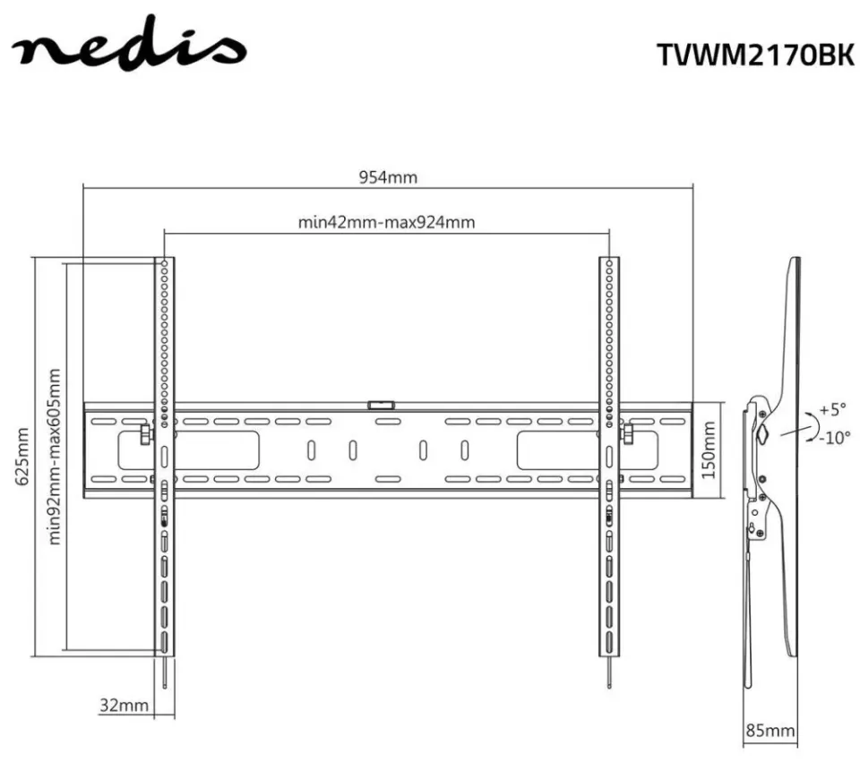 Nedis TVWM2170BK- Naklápěcí Nástěnný Držák TV | 60-100" | Max 75 kg | 85 mm | Oc