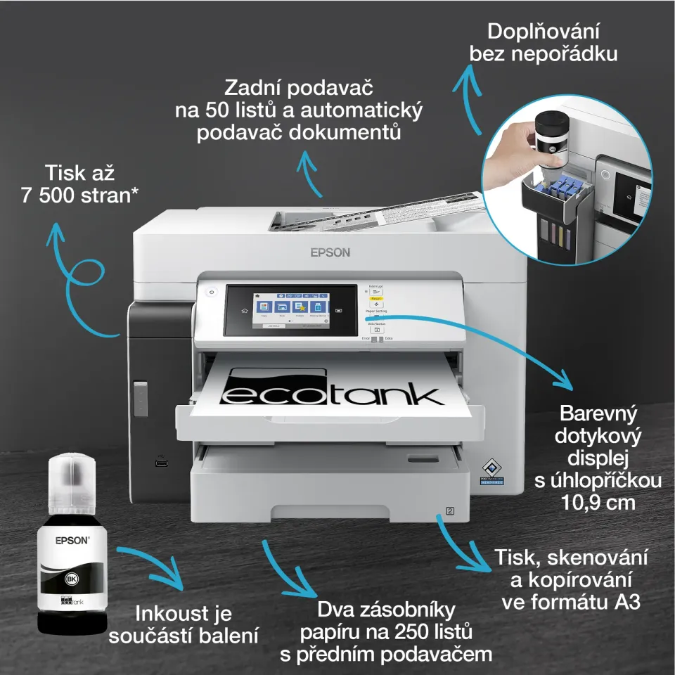 EPSON EcoTank Pro M15180 - A3+/32ppm/USB/Ethernet/Wi-Fi Direct/LCD displej/DADF/
