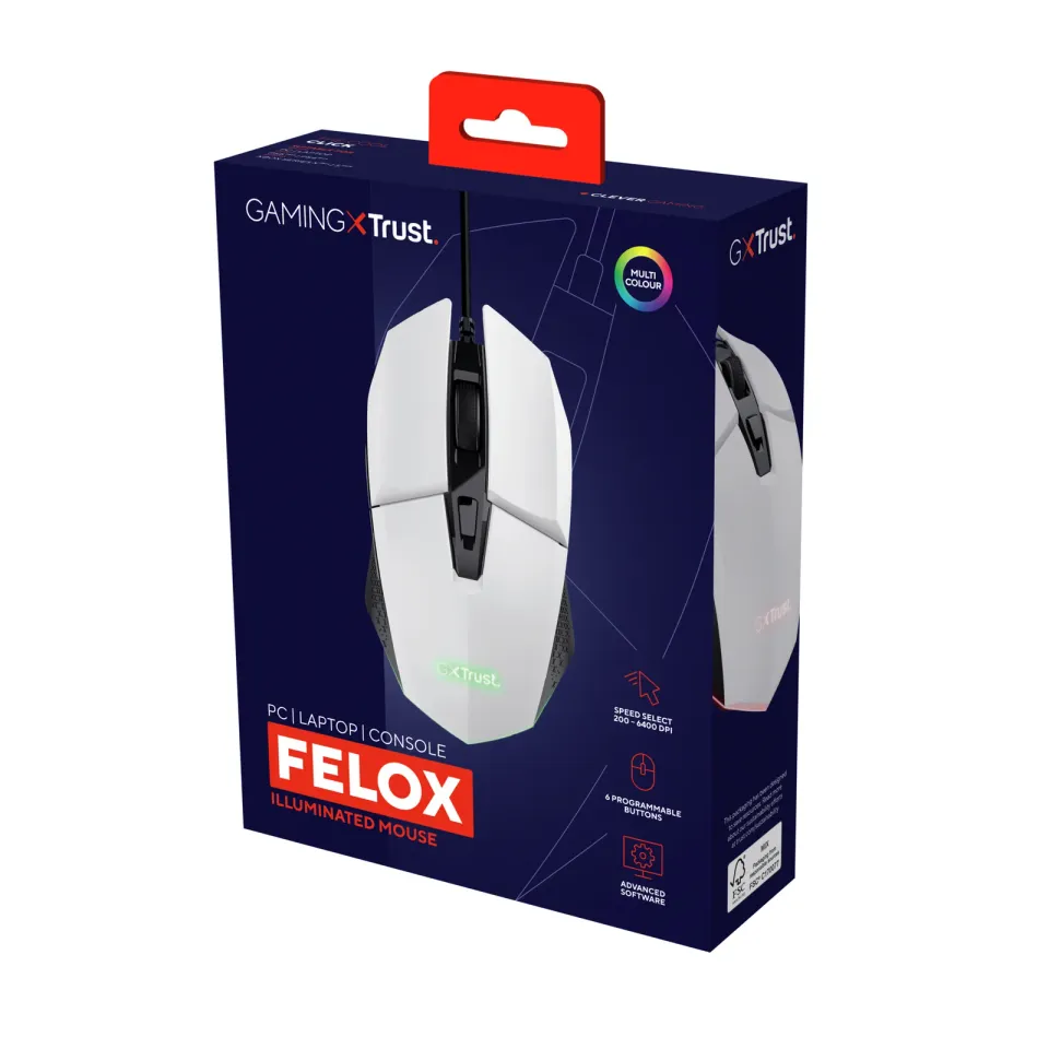 TRUST myš GXT 109W FELOX Gaming Mouse, optická, USB, bílá