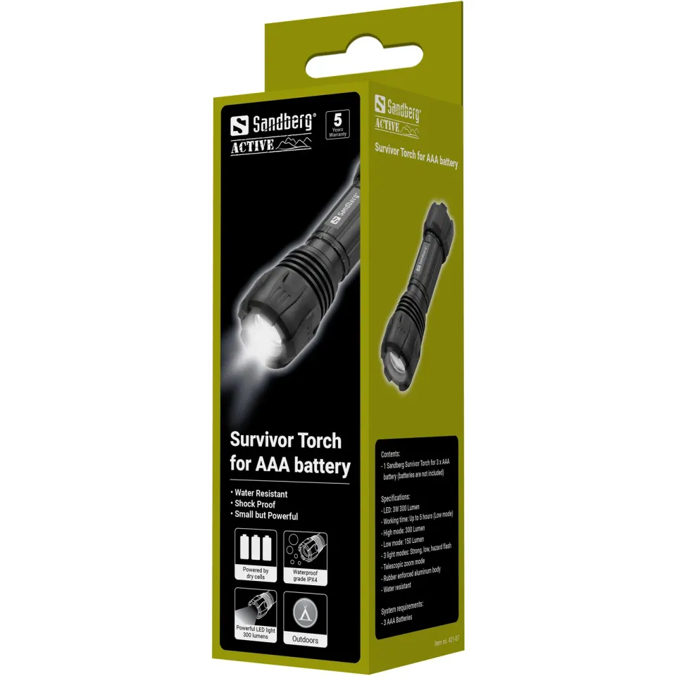 Sandberg Survivor Torch, svítilna na AAA, černá