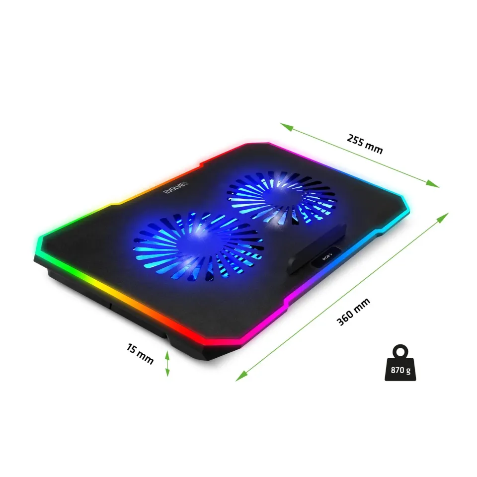 EVOLVEO CoolPro, chladící podložka pod notebook, 2x ventilátor, RGB podsvícení,