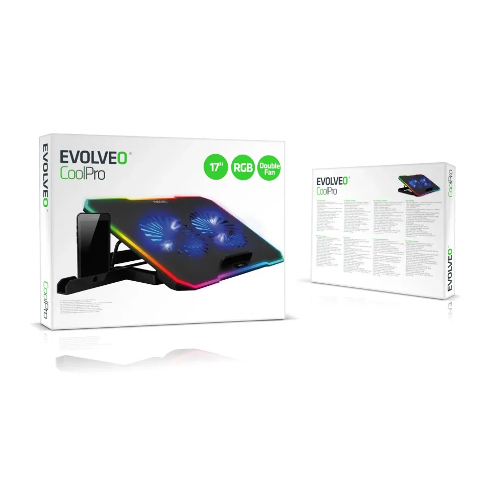 EVOLVEO CoolPro, chladící podložka pod notebook, 2x ventilátor, RGB podsvícení,