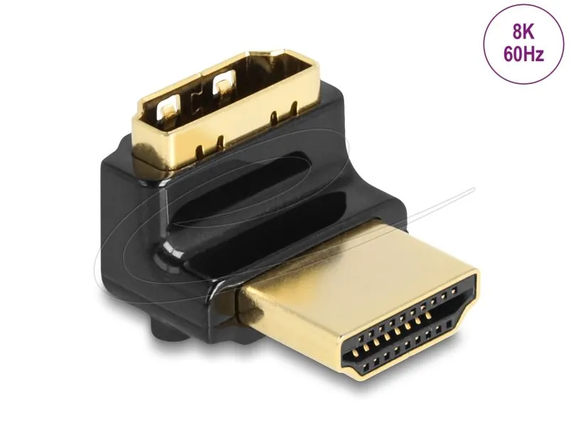 Delock Adaptér HDMI, ze zástrčky na zásuvku, 90° pravoúhlý nahoru 8K 60 Hz, kovo