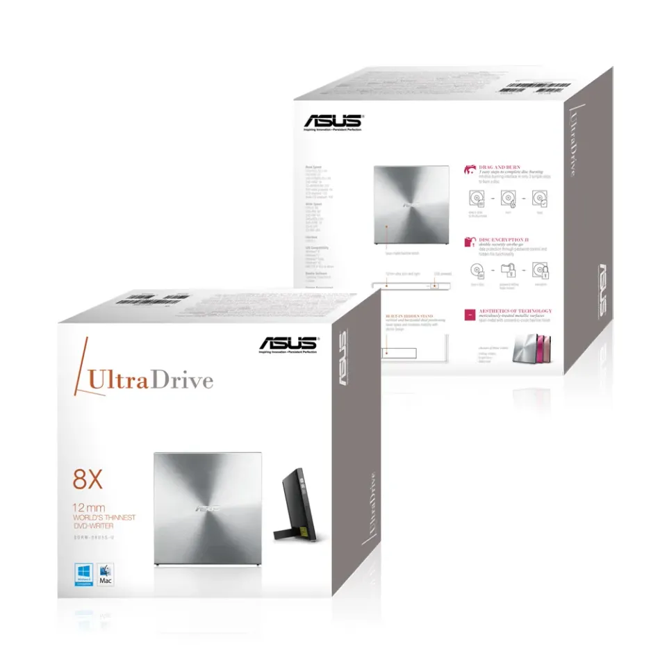 ASUS DVD SDRW-08U5S-U/SIL/G/AS, External Slim DVD-RW, silver, USB + Cyberlink Power2Go 8