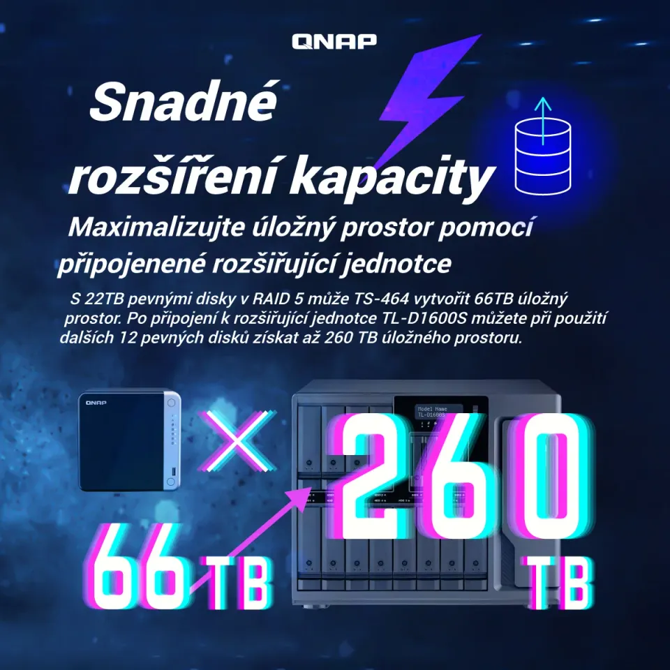 QNAP TS-464-8G TurboNAS server s RAID, 1x 8GB fix DDR4, pro 4x3,5/2.5" SATA HDD/SSD (1xHDMI, 2xUSB3+2xGLAN datové úložiště)