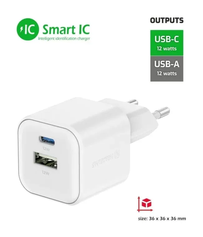 Swissten síťový adaptér 12w 1x usb-c + 1x usb-a bílý