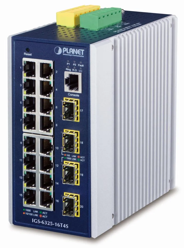 Planet IGS-6325-16T4S průmyslový L3 switch, 16x1Gb, 4x2.5Gb SFP, 9-48VDC, -40~75°C, IP30, fanless