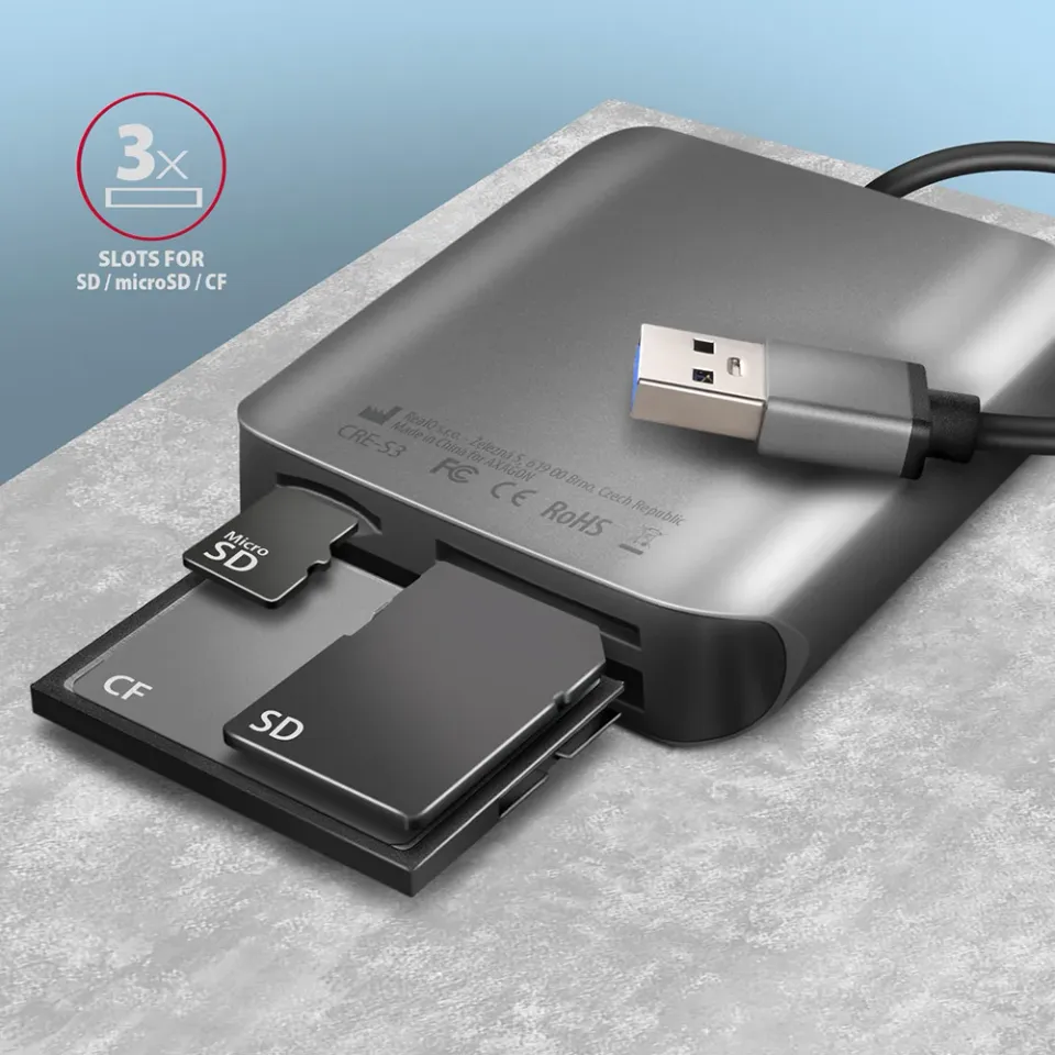 AXAGON CRE-S3, hliníková vysokorychlostní USB-A 3.2 Gen 1 čtečka paměťových kare