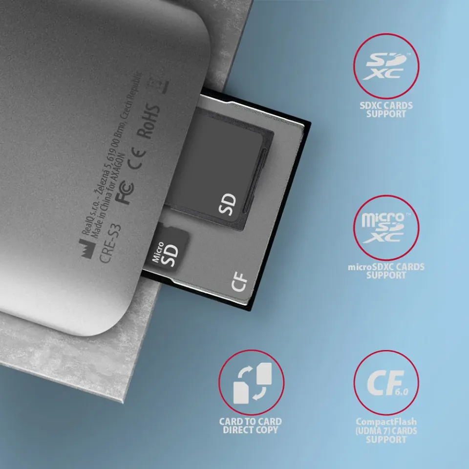 AXAGON CRE-S3, hliníková vysokorychlostní USB-A 3.2 Gen 1 čtečka paměťových kare