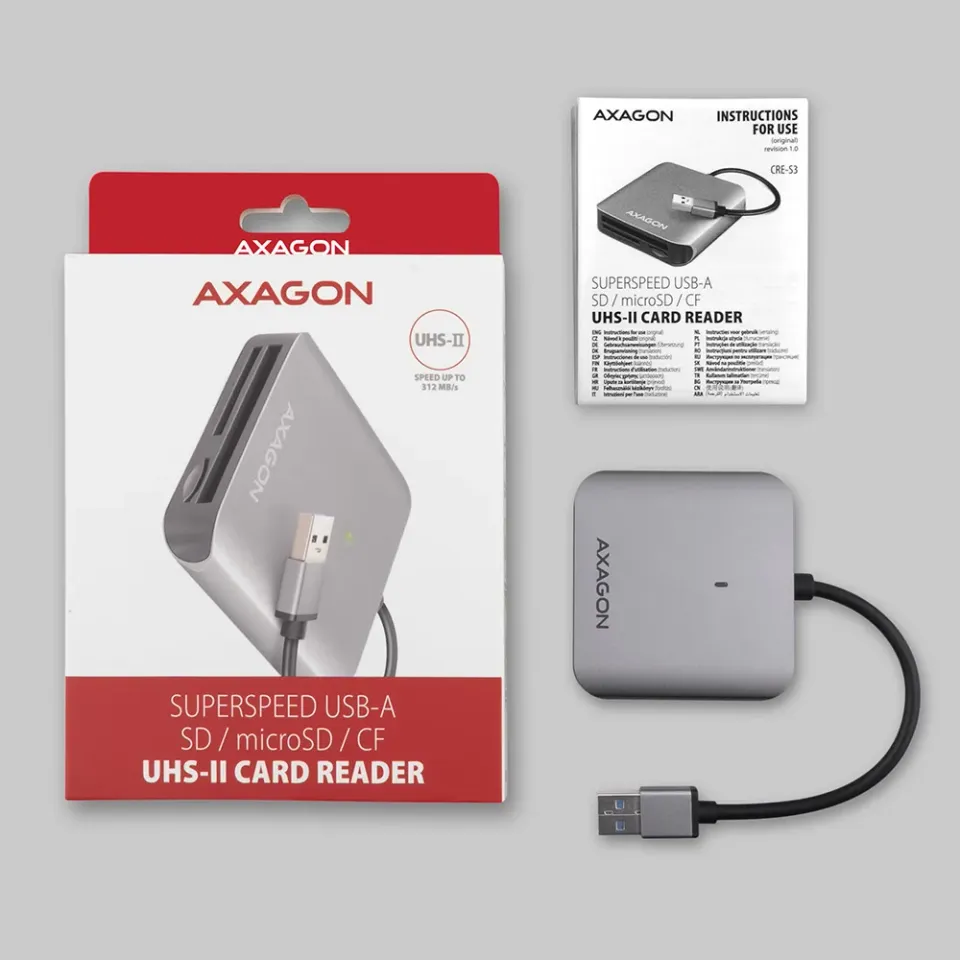 AXAGON CRE-S3, hliníková vysokorychlostní USB-A 3.2 Gen 1 čtečka paměťových kare