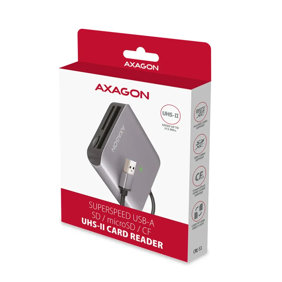 AXAGON CRE-S3, hliníková vysokorychlostní USB-A 3.2 Gen 1 čtečka paměťových kare
