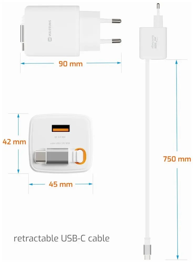 Swissten Síťový Adaptér Slidecharge GaN 30W, 1x USB-A 18W Se Zatahovacím USB-C Kabelem 0,75m Bílý