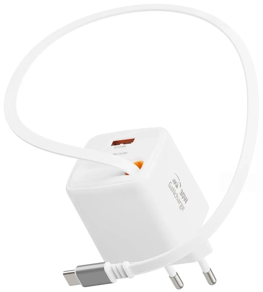 Swissten Síťový Adaptér Slidecharge GaN 30W, 1x USB-A 18W Se Zatahovacím USB-C Kabelem 0,75m Bílý