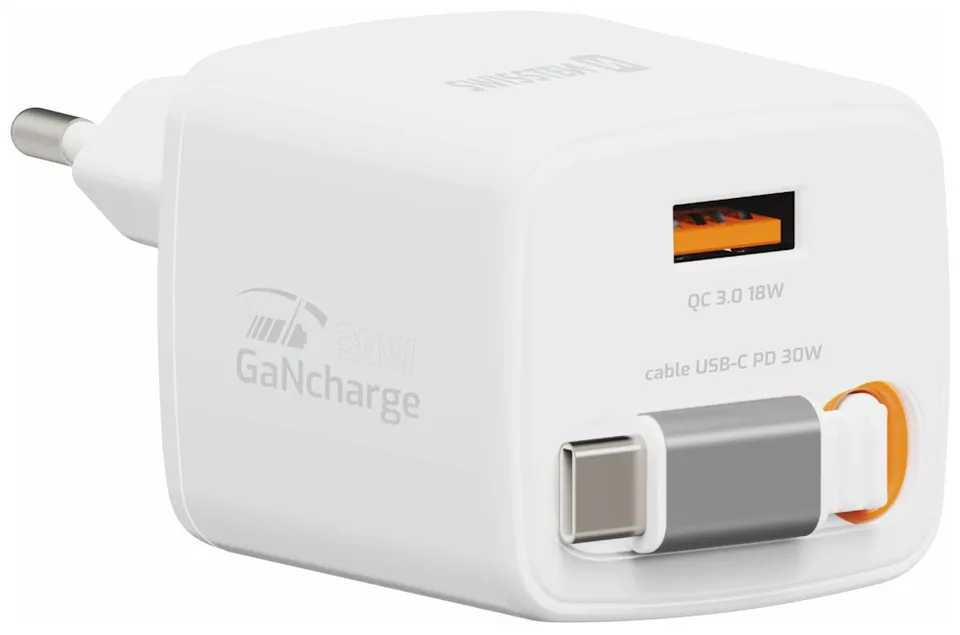 Swissten Síťový Adaptér Slidecharge GaN 30W, 1x USB-A 18W Se Zatahovacím USB-C Kabelem 0,75m Bílý