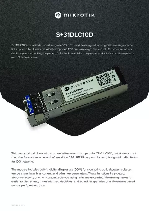 MikroTik SFP+ (miniGBIC) modul S+31DLC10D, SM, 10km, 10G