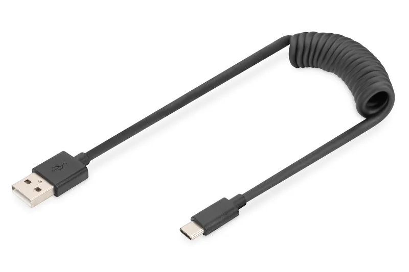 DIGITUS USB Typ A na USB Typ C Pružinový kabel TPE USB 2.0, PD60W Max; 1m