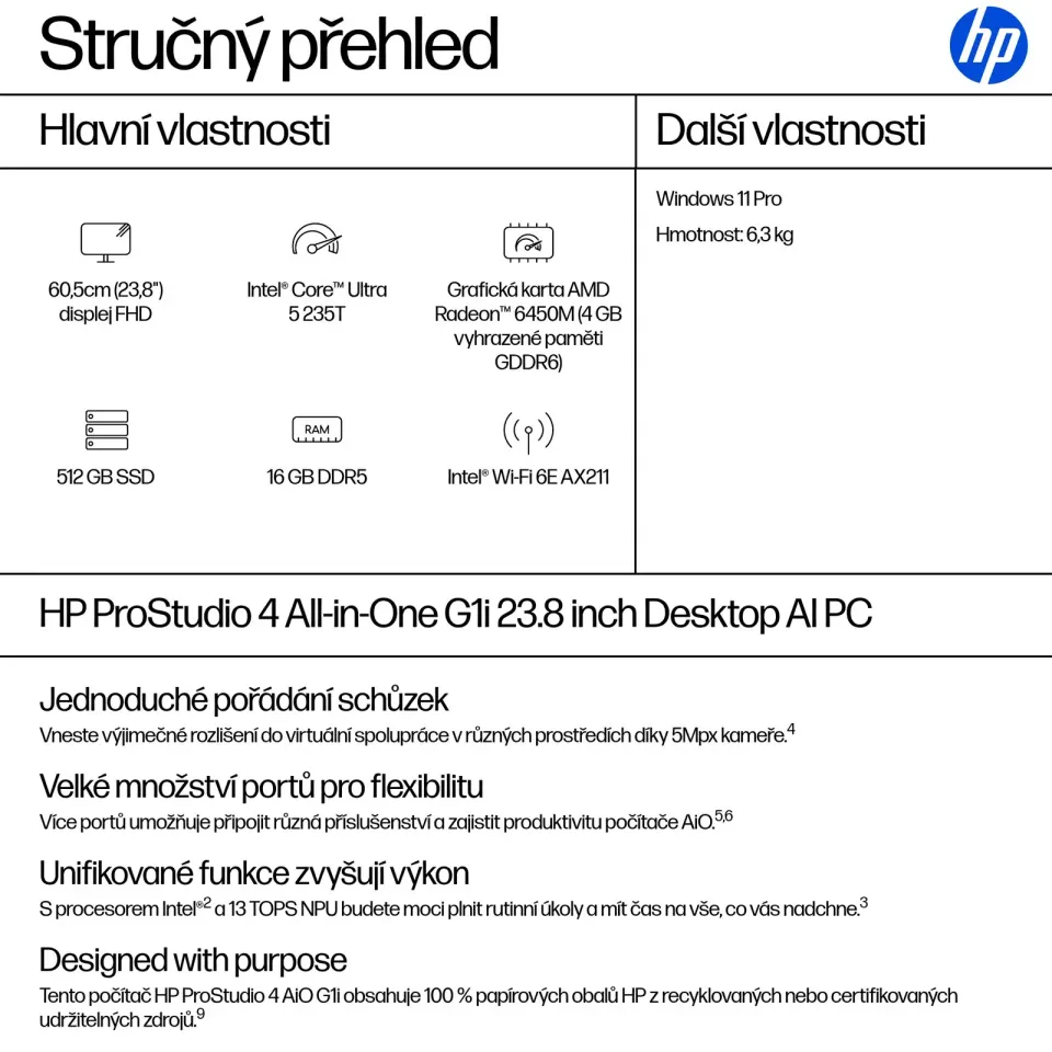 HP ProStudio 4/G1i AI/23,8"/FHD/U5-235T/16GB/512GB/Intel int/W11P/Černá/3R